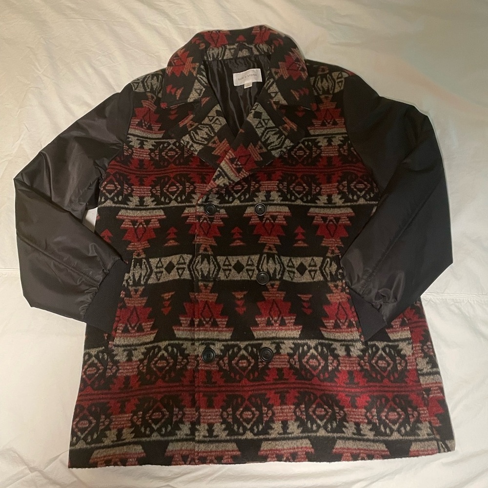 NWOT XL Men's Black and Red southwestern Double Breasted Peacoat Macy’s